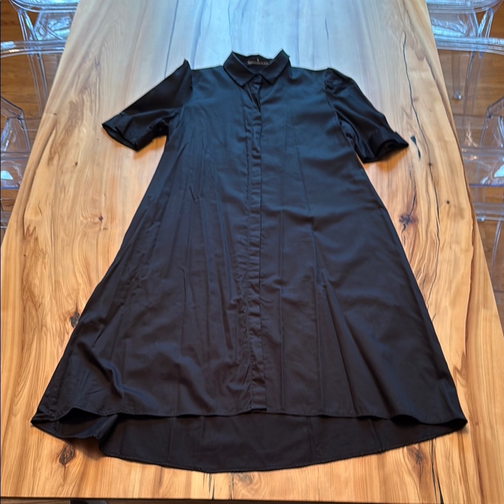 Pomander Place Black High Low Mandarin Collar Shirt Dress